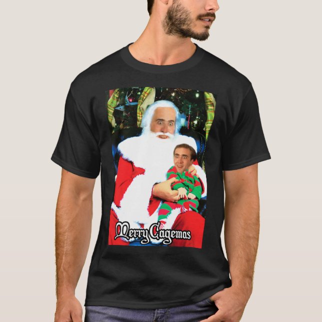 Merry Cagemas Santa Knee Nicolas Cage Christmas Es T Shirt (Framsida)
