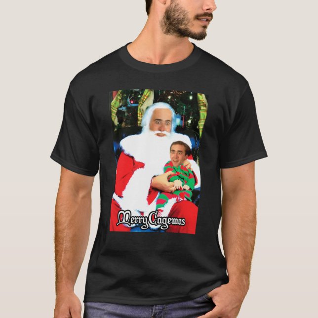 Merry Cagemas Santa Knee Nicolas Cage jul818 T Shirt (Framsida)