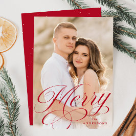 Merry Calligraphy Red Script Overlay Photo Julkort