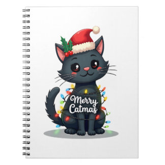 Merry Catmas Black Cat Christmas Light Xmas Family Anteckningsbok