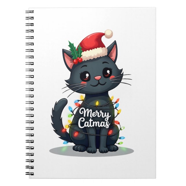 Merry Catmas Black Cat Christmas Light Xmas Family Anteckningsbok (Framsidan)