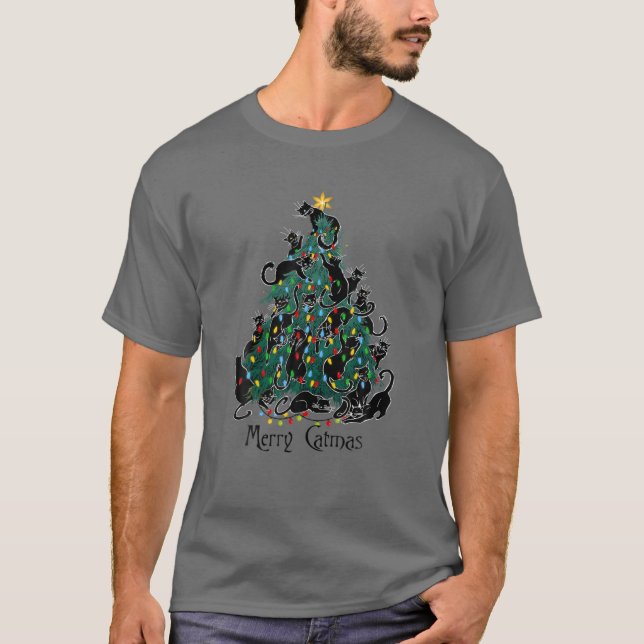 Merry Catmas Black Cat Lover Christmas Tree Light T Shirt (Framsida)