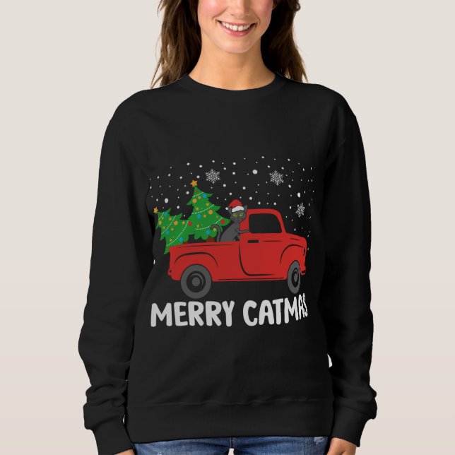 Merry Catmas Black Cat och Julgran Red Truc T Shirt (Framsida)