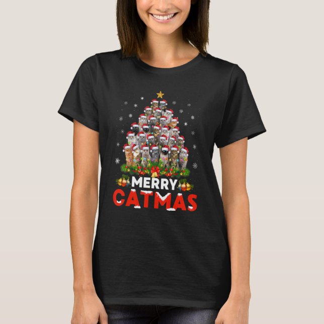 Merry Catmas Cat jul Pajamas Funny Julafton Ugly T Shirt (Framsida)