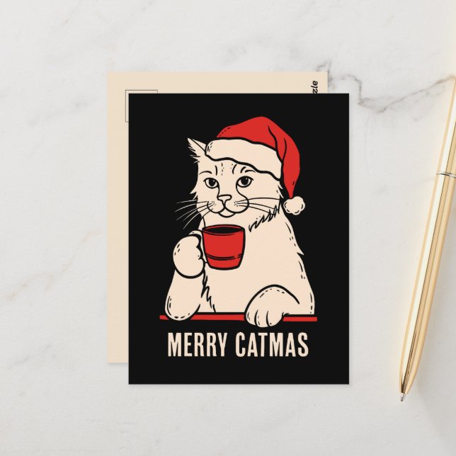 Merry catmas cat mamma och cat pappa kaffe älskare vykort (Fram/Back In Situ)