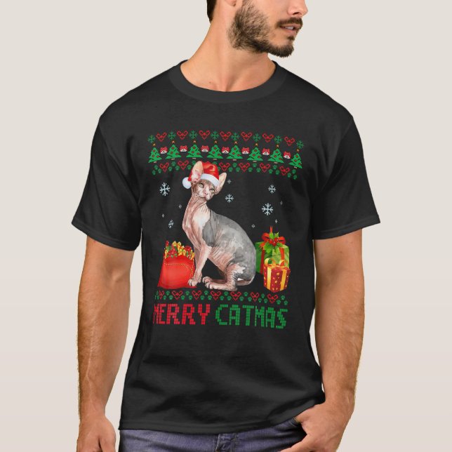 Merry Catmas Cat Ugly Christmas Sphynx Mom Dad T Shirt (Framsida)