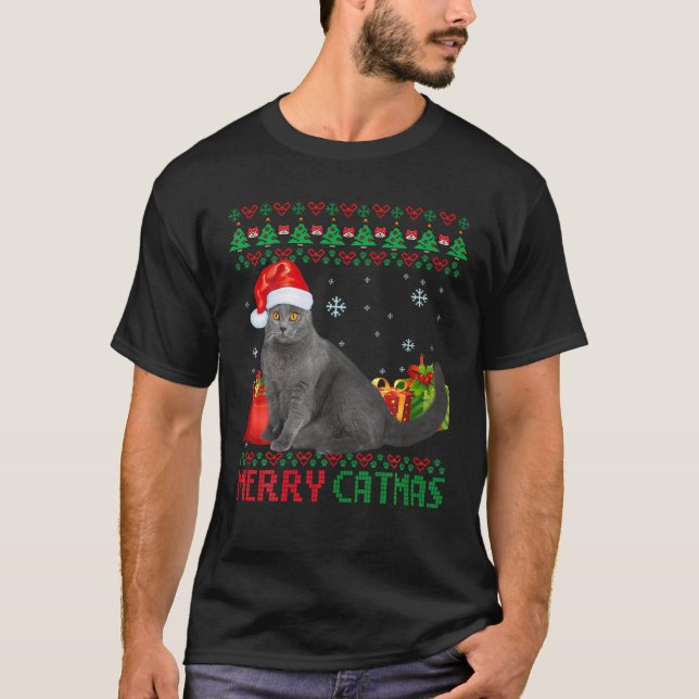 Merry Catmas Cat Ugly jul Chartreux Mamma Pappa T Shirt (Framsida)
