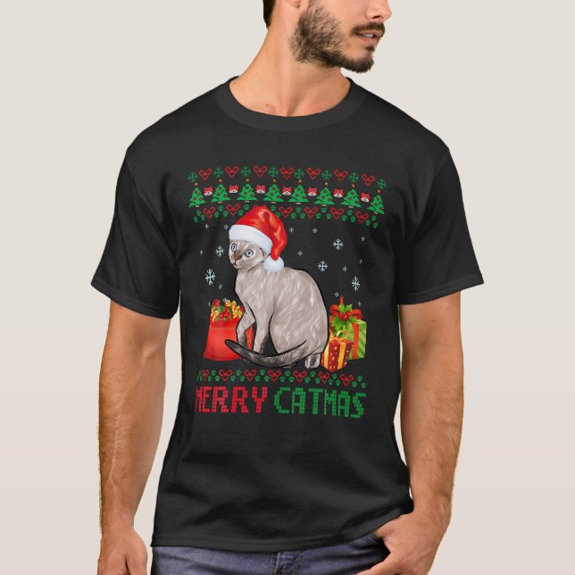 Merry Catmas Cat Ugly jul Devon Rex Mamma Pappa T Shirt (Framsida)