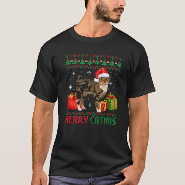 Merry Catmas Cat Ugly jul Manx Catt Mamma Pappa T Shirt (Framsida)