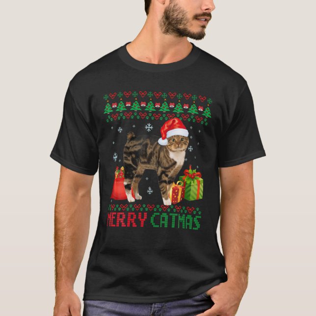 Merry Catmas Cat Ugly jul Manx Catt Mamma Pappa T Shirt (Framsida)