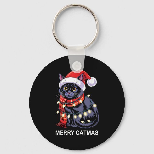 Merry Catmas Christmas Lights Cat Santa Hat Xmas M Nyckelring (Framsida)