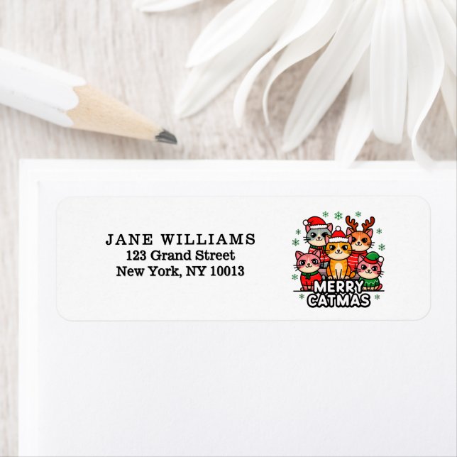 Merry Catmas Christmas Return Address Label Returadress Etikett (Insitu)