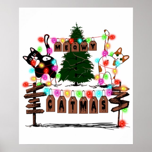 MERRY CATMAS, Cute Cat-julgåva, X-mas-katt Poster (Framsidan)