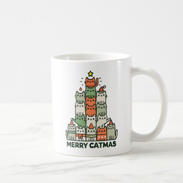 Merry Catmas Cute Cat Julgran Helgdag Kaffemugg (Höger)