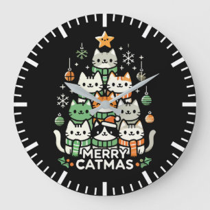 Merry Catmas Cute Cat Julgran Helgdag Stor Klocka