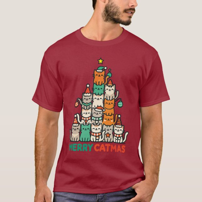 Merry Catmas Cute Cat Julgran Helgdag T Shirt (Framsida)