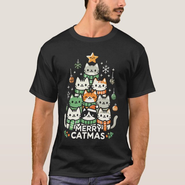 Merry Catmas Cute Cat Julgran Helgdag T Shirt (Framsida)