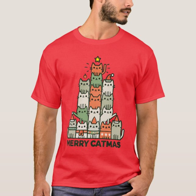 Merry Catmas Cute Cat Julgran Helgdag T Shirt (Framsida)