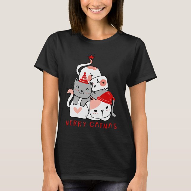 Merry Catmas Cute Cats jul T-Shirt (Framsida)