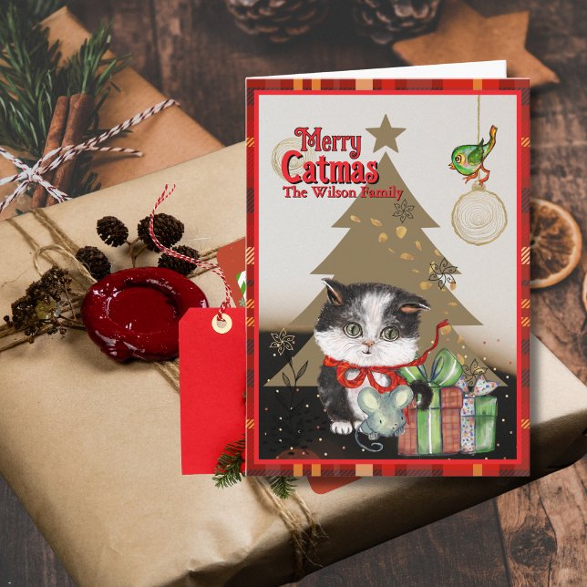 Merry Catmas Cute Kitten Christmas Red bow Helgkort (Merry Catmas Cute Kitten Christmas Red bow Holiday Card)