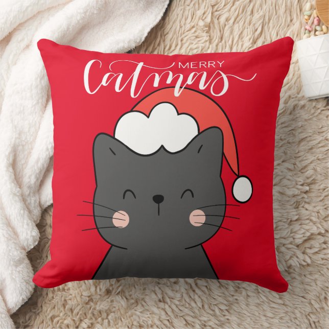 Merry Catmas Cute Santa Cat jul Kudde (Filt)