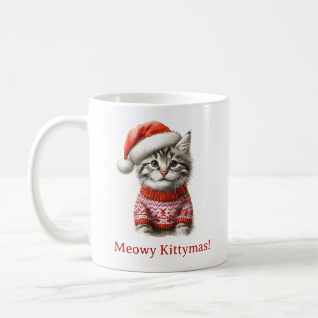 Merry Catmas Cute Tabby Kitten Santa Julafton Kaffemugg (Vänster)