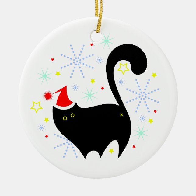 Merry Catmas Festive Black Cat Santa Hat jul Julgransprydnad Keramik (Framsidan)
