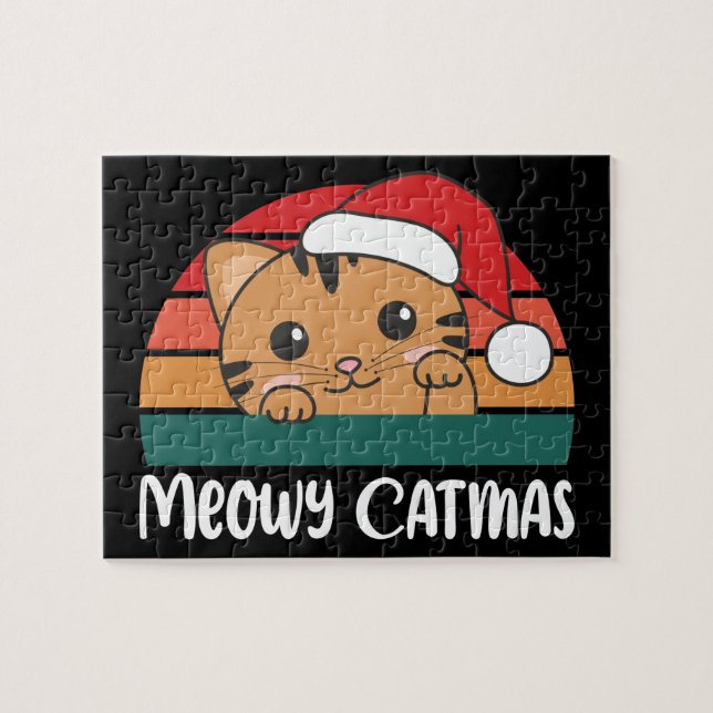 Merry Catmas Funny Cat jul Pun Jigszle Puzzle Pussel (Horisontell)