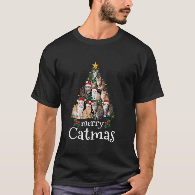 Merry Catmas Funny Cat Mamma Cat Pappa Julgran T Shirt (Framsida)