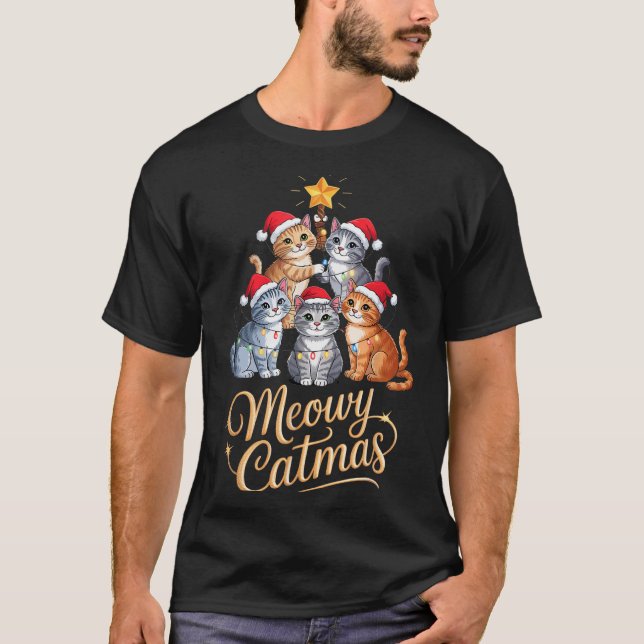 Merry Catmas Funny Christmas Tree Matching Meowy X T Shirt (Framsida)