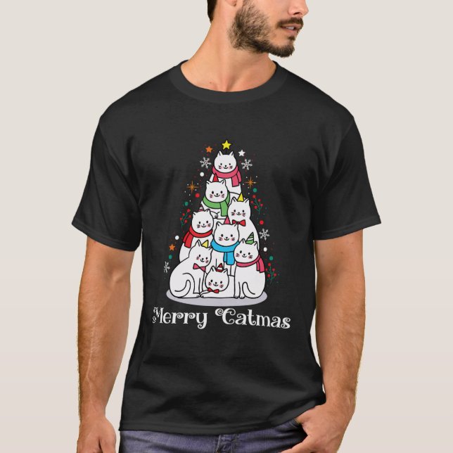 Merry Catmas Funny Cute Cats Älskare Julgran T Shirt (Framsida)