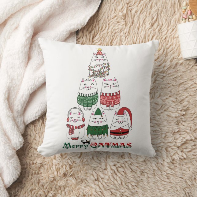 Merry Catmas Funny jul Kitten Träd Kudde (Filt)