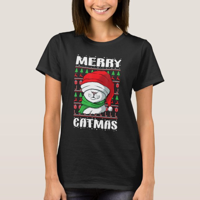 Merry Catmas jul Ugly Julafton Cat 1 T Shirt (Framsida)