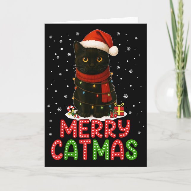 Merry Catmas Santa Hat Funny Black Cat Christmas W Kort (Framsida)