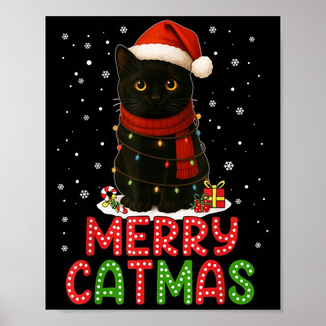 Merry Catmas Santa Hat Funny Black Cat Christmas W Poster (Framsidan)