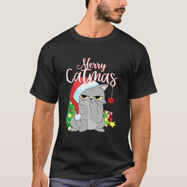 Merry Catmas Santa Hat Grått Cat Funny jul Me T Shirt (Framsida)