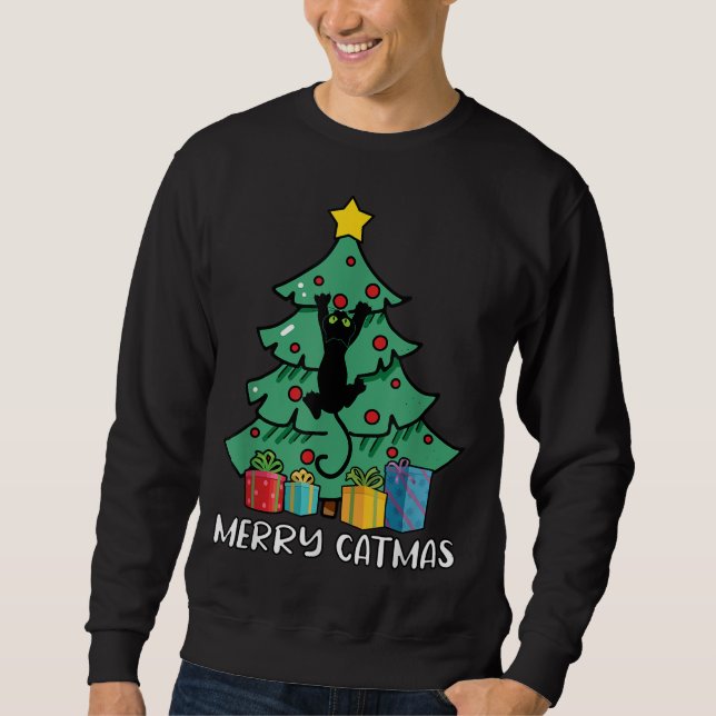 Merry Catmas Träd Cat-jul Lång Ärmad Tröja (Framsida)
