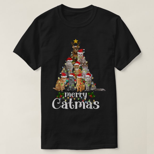 Merry Catmas Tree Lights Funny Christmas Cat Match T Shirt (Design framsida)