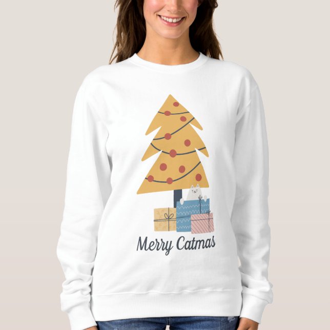 Merry Catmas vit katt Julgran presenter T Shirt (Framsida)