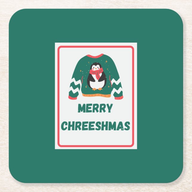 Merry Chreeshmas Penguin Sweater Underlägg Papper Kvadrat (Framsidan)