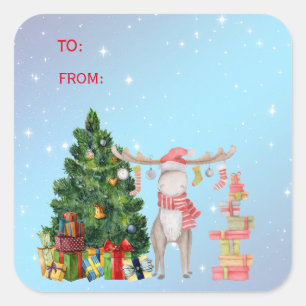 Merry Chris-Moose, Julgran, Helgdag Gifts S Fyrkantigt Klistermärke