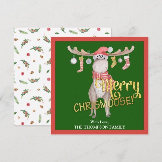 Merry ChrisMoose Watercolor Christmas Kort (Fram/baksida)