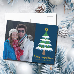 Merry Chrismukah Cute Hanukkah-julfoto Helg Vykort