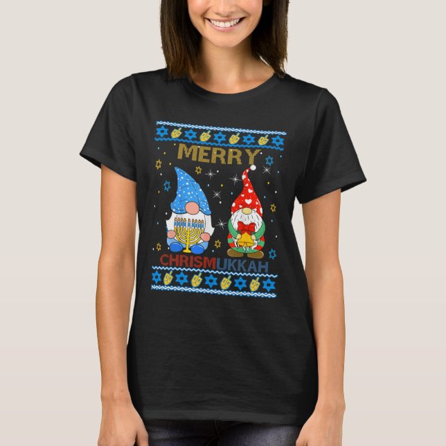 Merry Chrismukah Funny Gnomes jul och Hanuk T Shirt (Framsida)