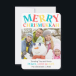 Merry Chrismukah Photo Peace, Kärlek & Hope Anpass<br><div class="desc">Roligt pastellblått,  rött och gult Merry Chrismukah anpassningsbar-fotokort med personlig hälsning,  Peace,  Kärlek & Hope och ditt namn i ett roligt-teckensnitt. Chrismukah är där människor firar både jul och Hanukkah tillsammans. Det är ett underbart sätt att fira för familjer mellan trosinriktningar.</div>
