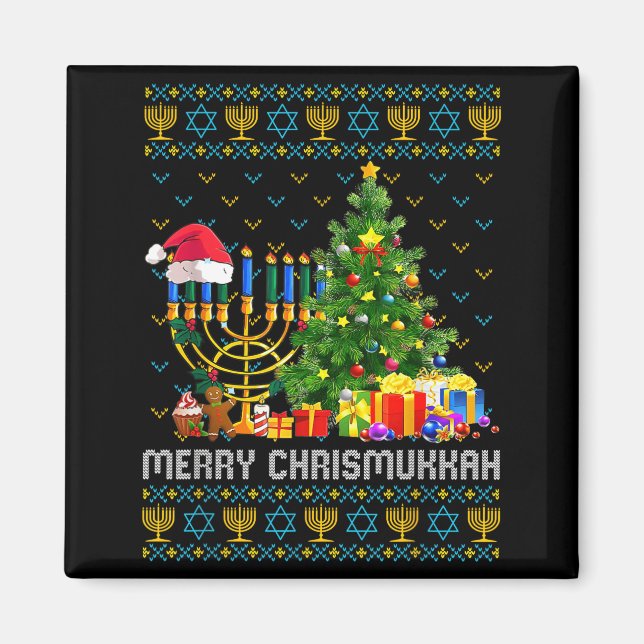 Merry Chrismukkah Happy Hanukkah Ugly Sweater Fami Magnet (Framsidan)