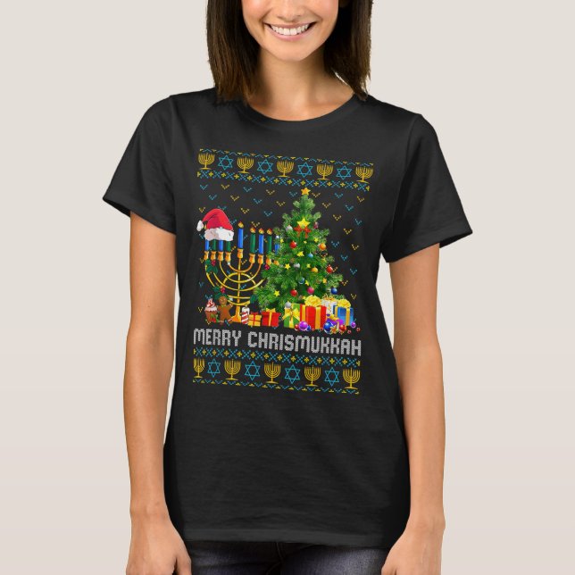 Merry Chrismukkah Happy Hanukkah Ugly Sweater Fami T Shirt (Framsida)