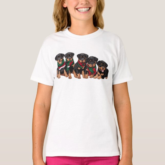 Merry Chrismutts Rottweiler Puppies Wearing Scarf T Shirt (Framsida)