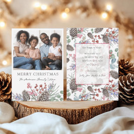 Merry Christams Watercolor Foliage & Photo Julkort