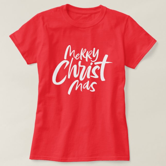 Merry Christian jul Lettering Religiösa Red Tee Shirt (Design framsida)